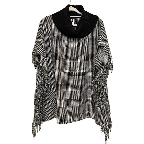 Talbots M/L Black White Houndstooth Fringe Cape Poncho Cowl Neck Classic Chic - Picture 2 of 6